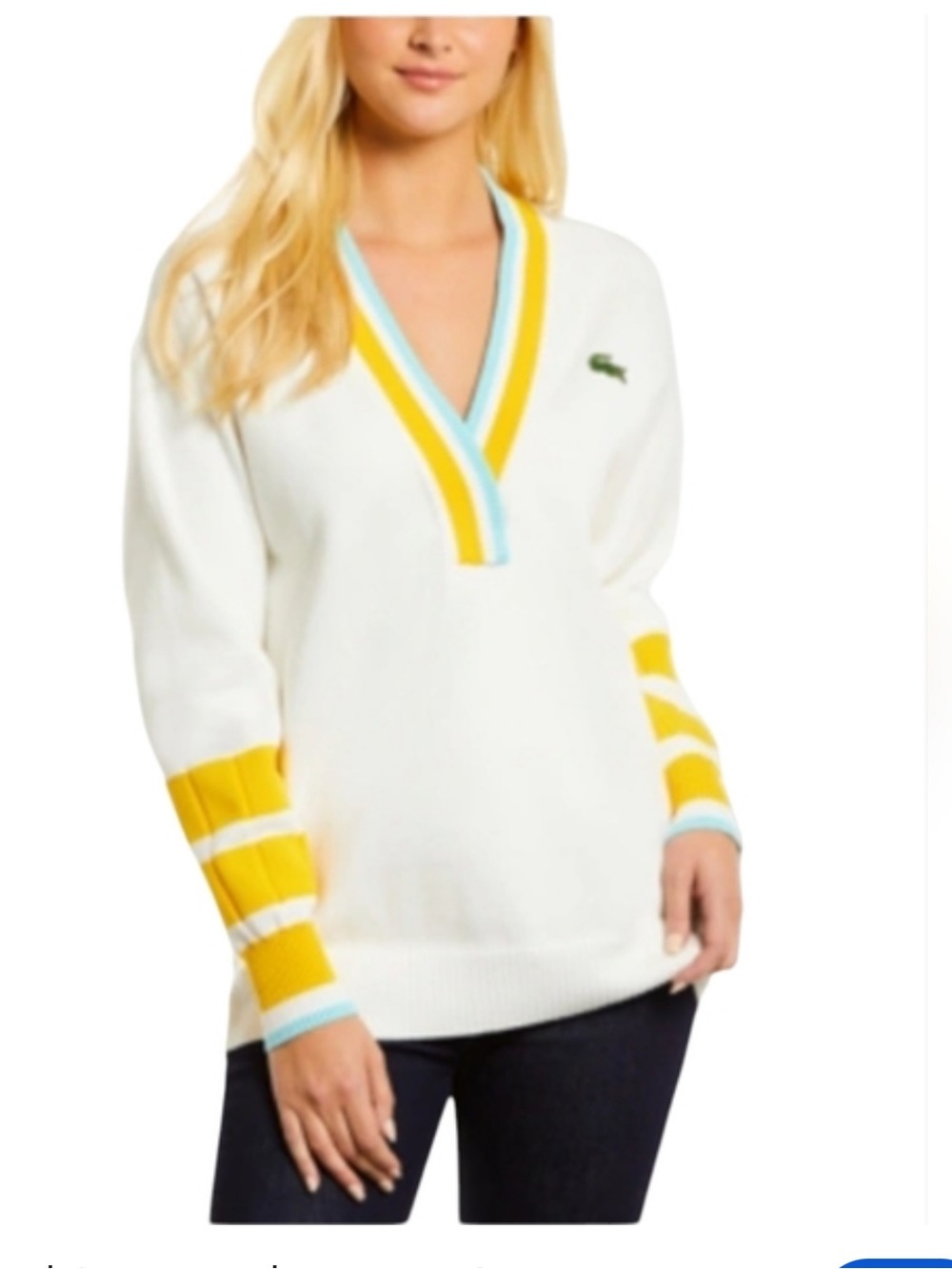 Lacoste White V-Neck Sweater with Yellow and Light Blue Trim